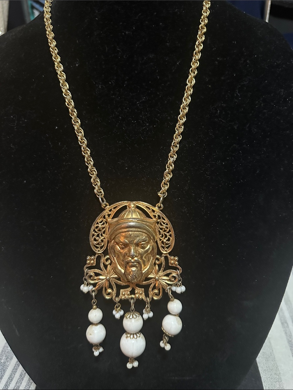 Gold-tone Vintage Face Pendant Necklace with White Bead Drops